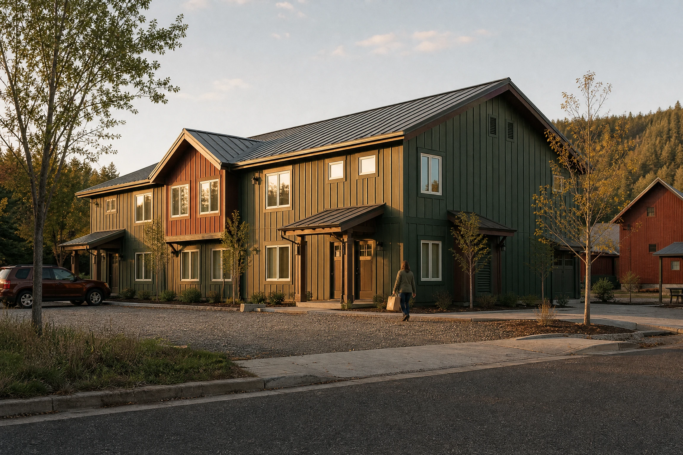 A small new two-story multifamily building with board-and-batten siding on a formerly vacant infill lot, a resident walking toward the entrance