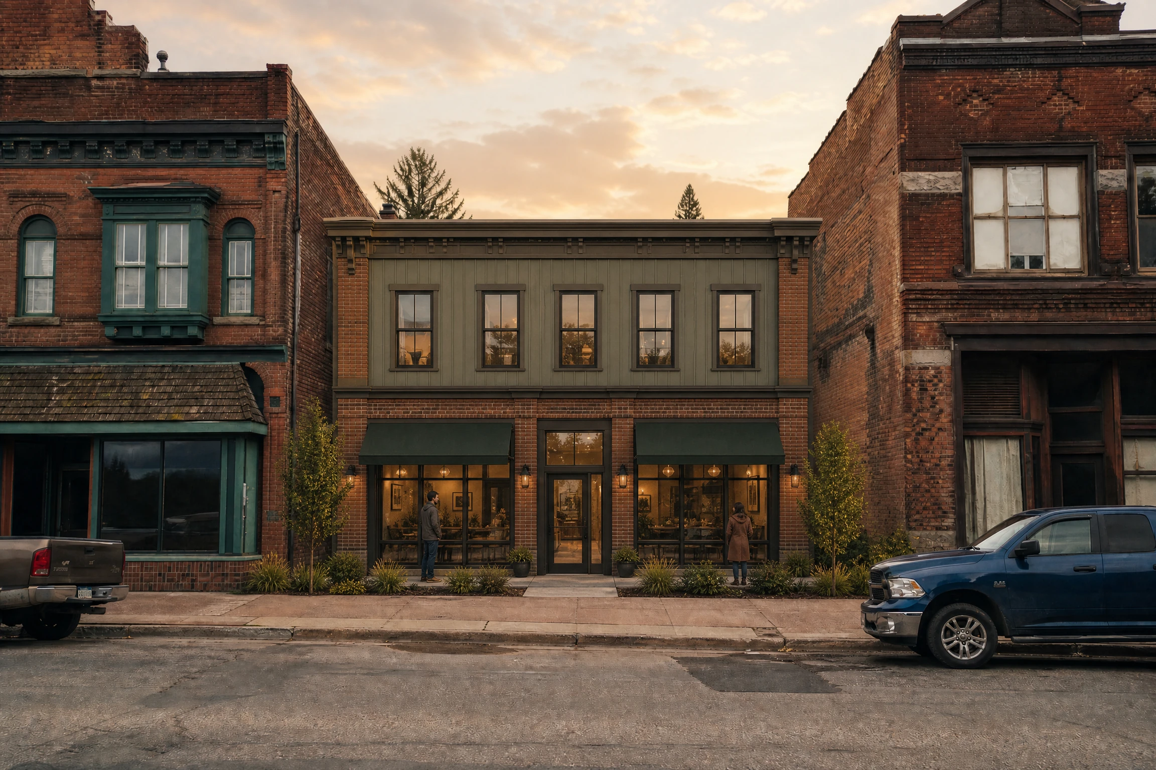 A new two-story mixed-use building with ground-floor storefronts and apartments above, filling a downtown gap lot between two historic brick buildings, golden-hour light