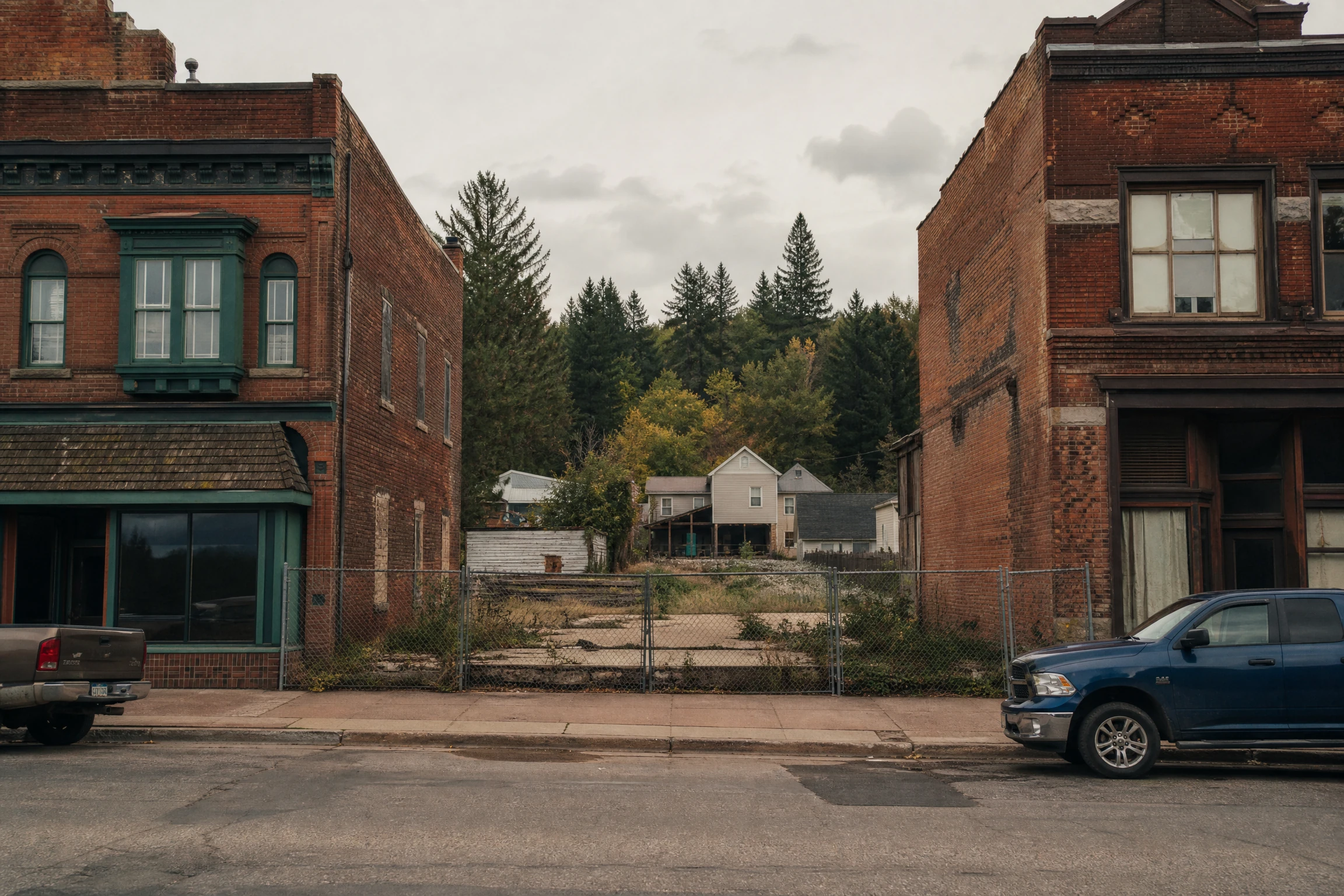 A weedy vacant lot between two brick commercial buildings on a small Minnesota downtown Main Street, chain-link fencing at the sidewalk edge
