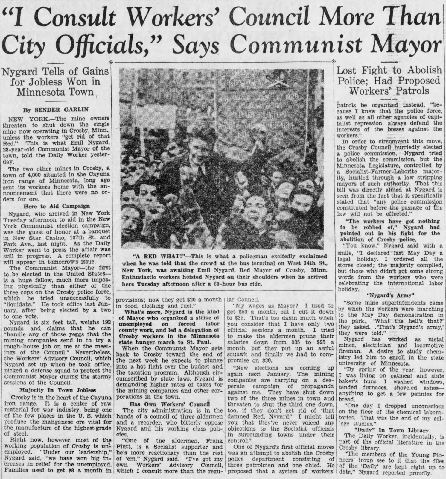 Scan of an October 19, 1933 Daily Worker newspaper article headlined "I Consult Workers' Council More Than City Officials," Says Communist Mayor, with a photo of Karl Emil Nygard surrounded by a cheering crowd in New York